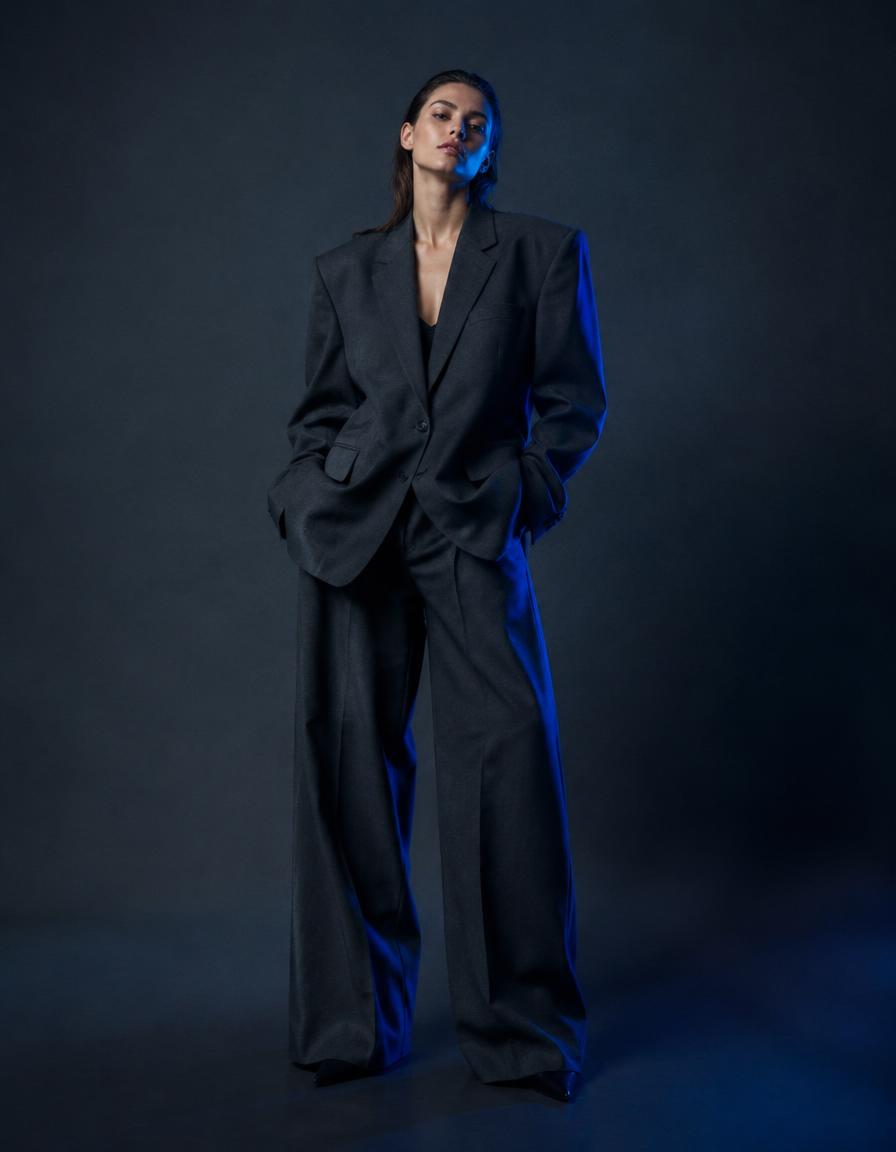 Model in a tailored charcoal suit
